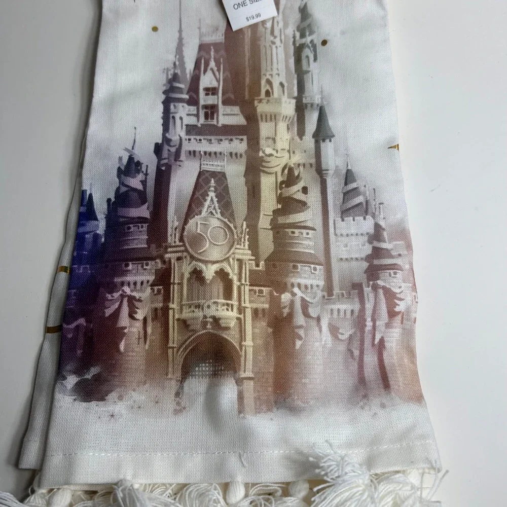 Disney World 50th Anniversary Cinderella Castle Kitchen Towel White Tassels NEW